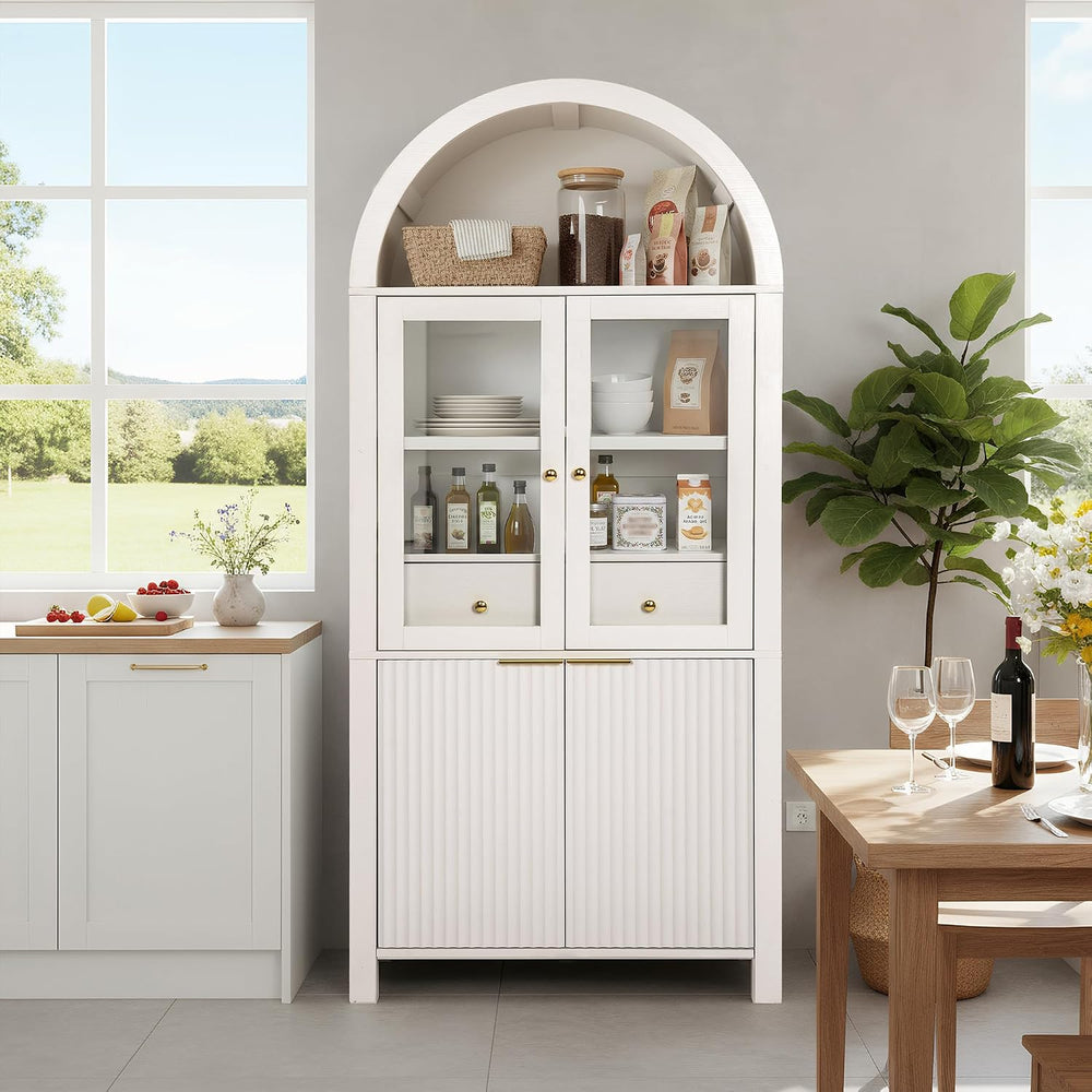 71" Fluted Tall Arched Kitchen Pantry Cabinet with Glass Doors, Farmhous...
