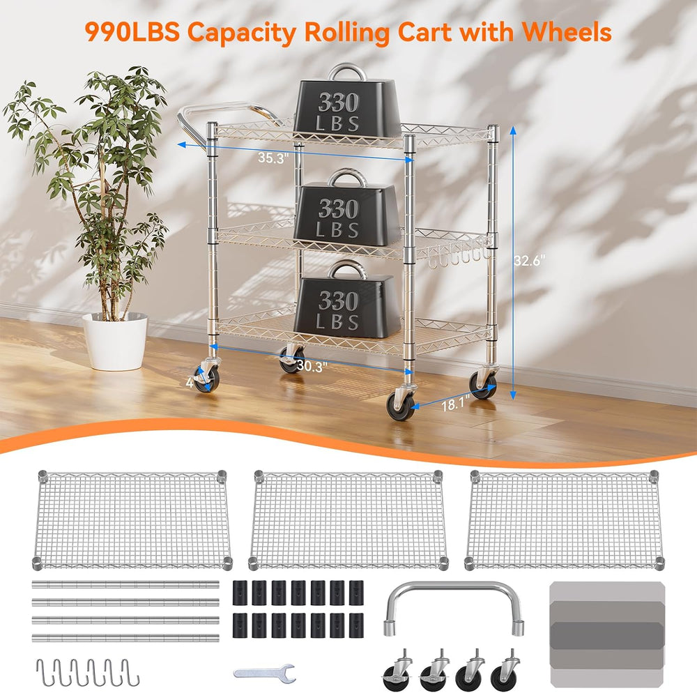 NTE 3 Tier Heavy Duty Rolling Utility Cart on Wheels, 990Lbs Capacity Rolling...