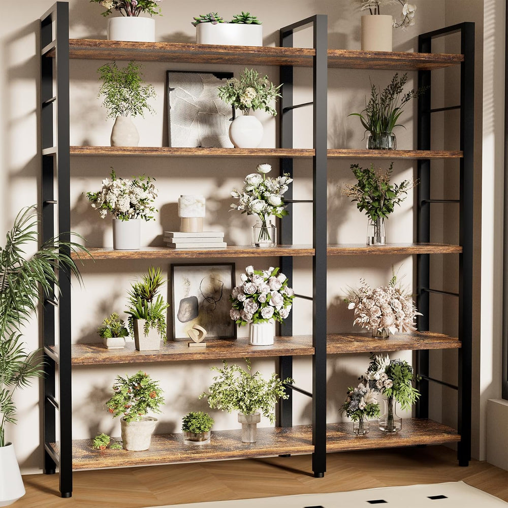 INNOD 65" X 50" Straight Wide 5 Tier Bookshelf with LED Light, L Sh...