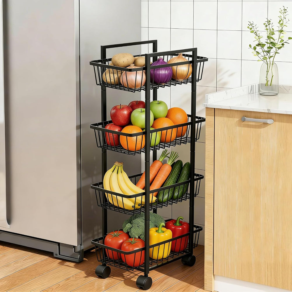 Simple Trending 4 Tier Rolling Fruit Vegetable Basket Cart, Black | Metal Wir...