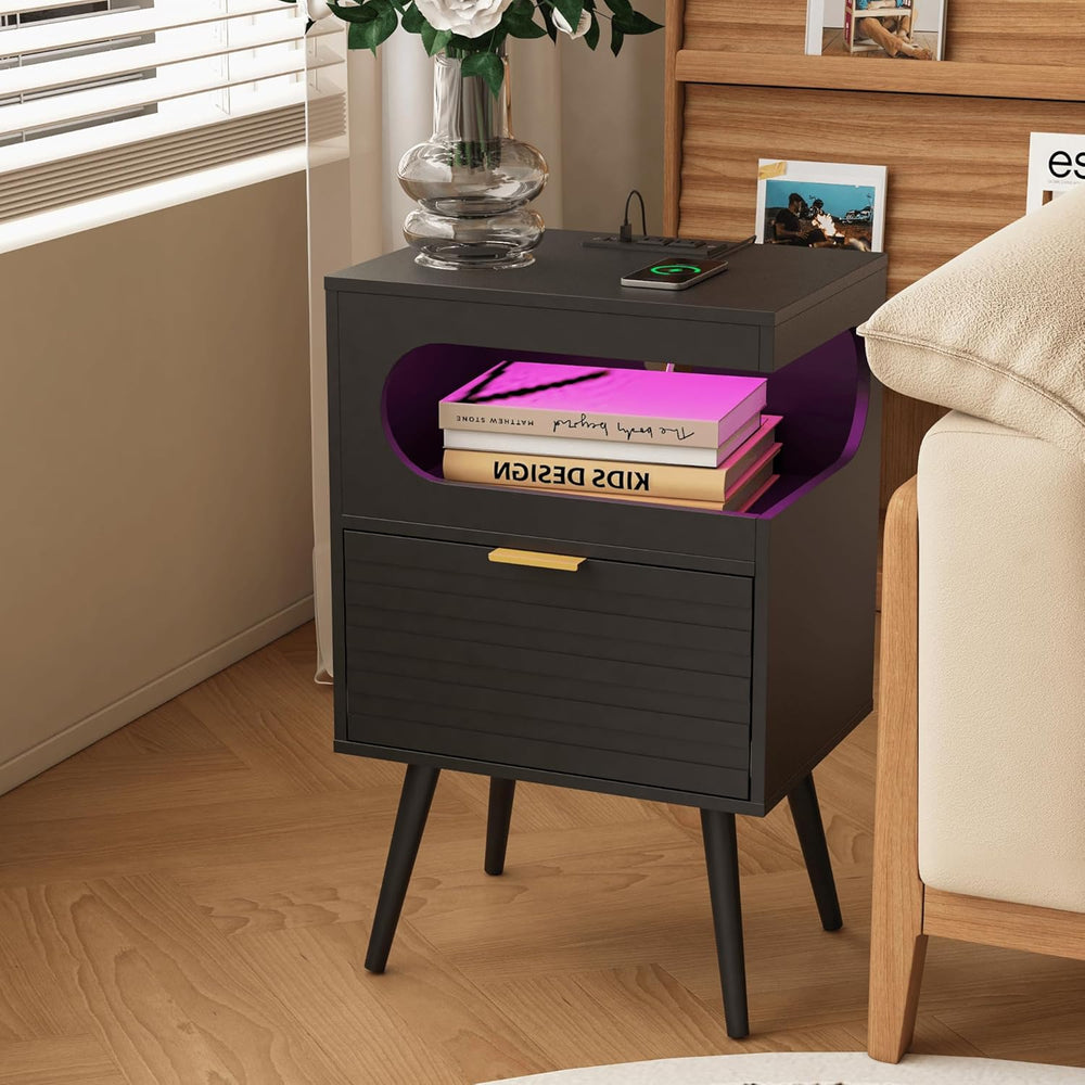 Veegle Nightstand,Modern Bedside Table with Storage Drawer and Open Wood Shel...