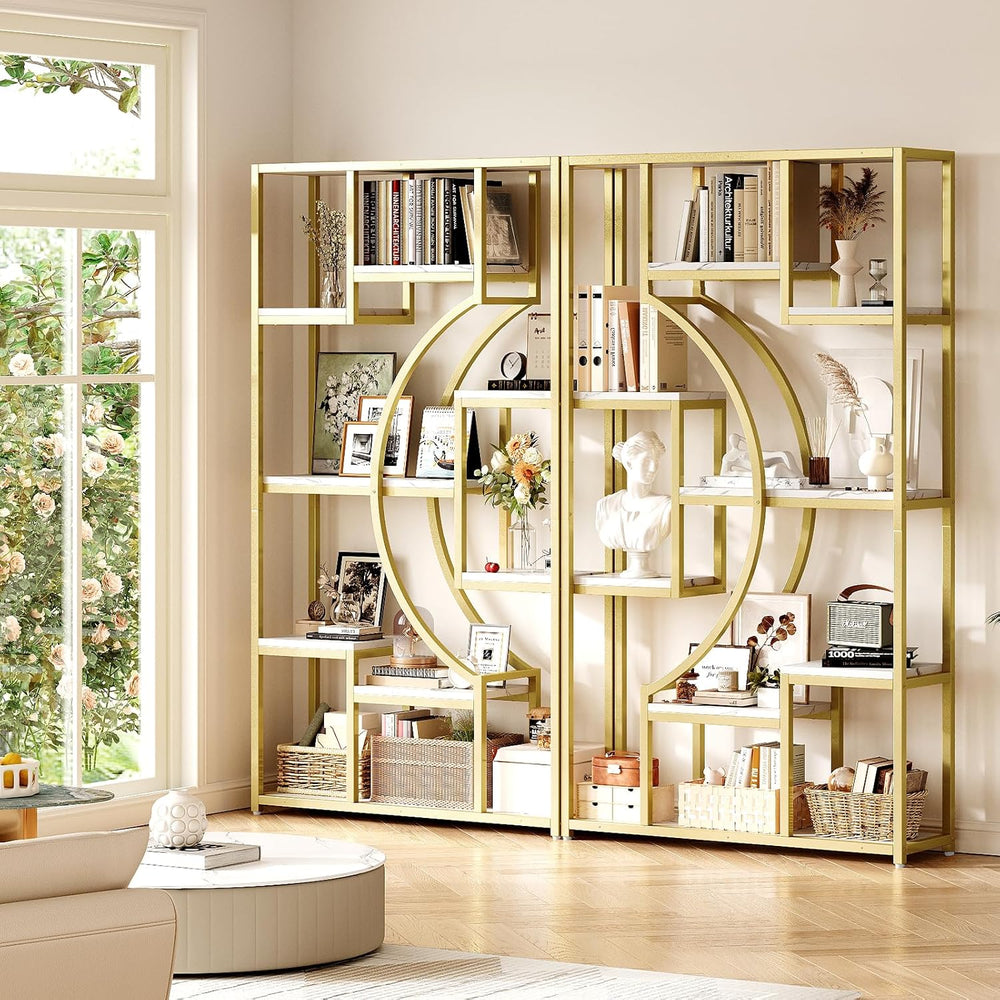LGHM 79" W Luxury Marble-Patterned White Gold Bookshelf, Set of 2