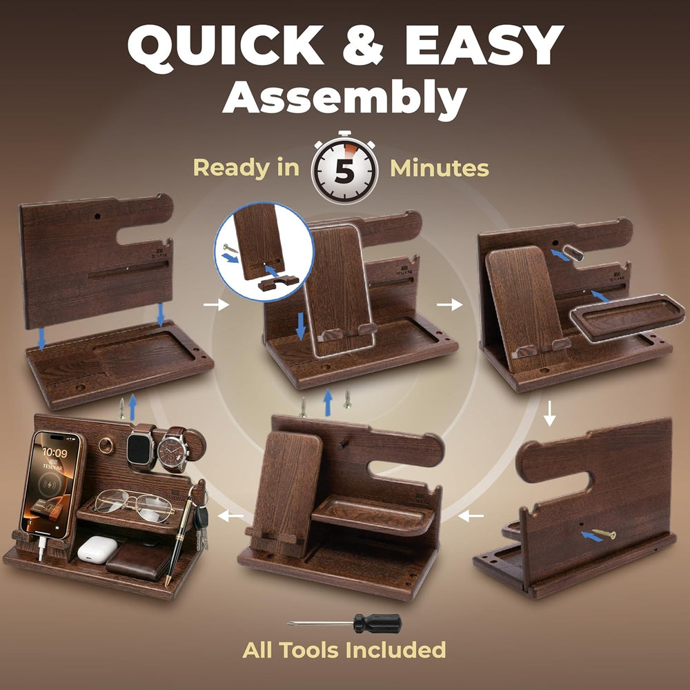 TESLYAR Wood Phone Docking Station for Men - Desk or Nightstand Organizer - B...