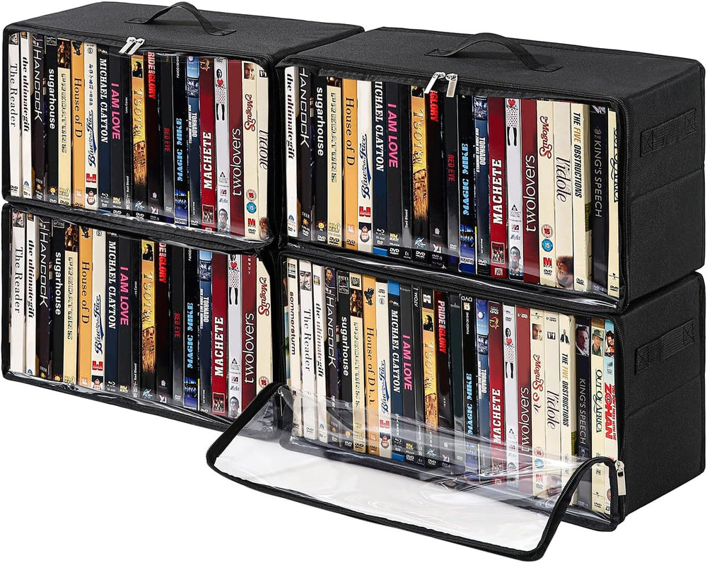 4-Pack DVD Storage Box, Stackable DVD Case Holder Organizer with Front Zipper...