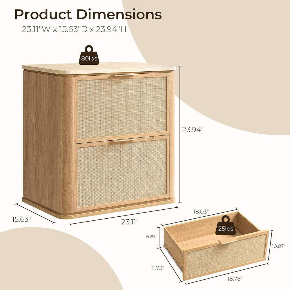NightStand Set of 2, 23.11" W Rattan Nightstand with 2 Drawers, Faux Mar...
