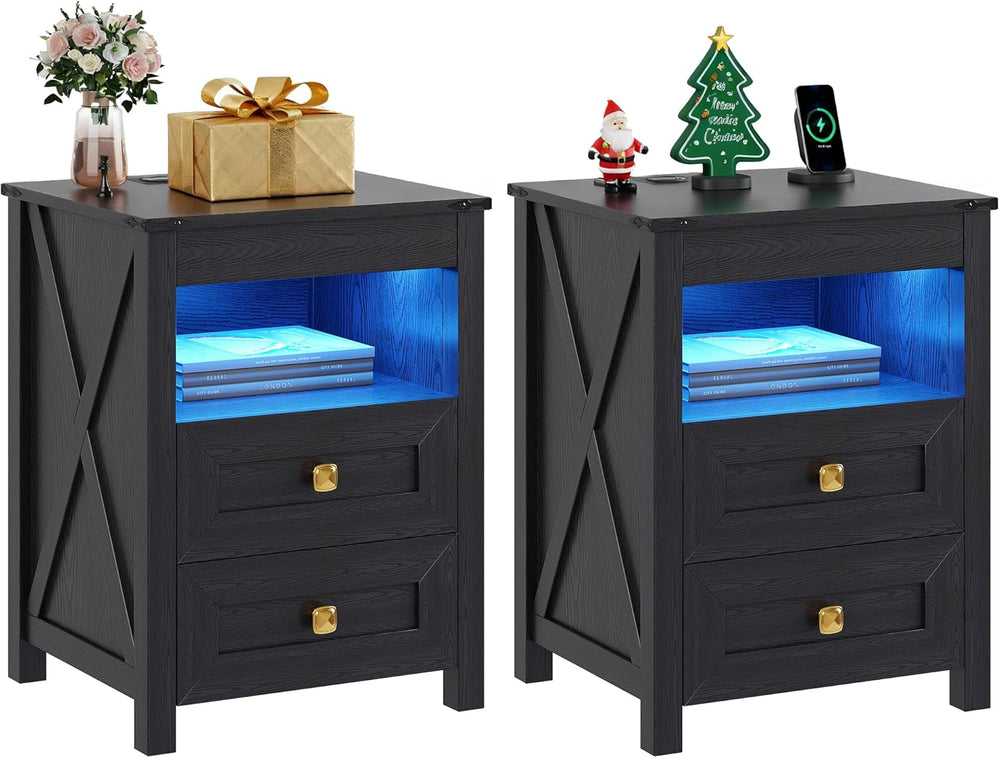 Farmhouse LED Nightstand Set 2 with Gun Drawer&Invisible Lock,Modern Beds...