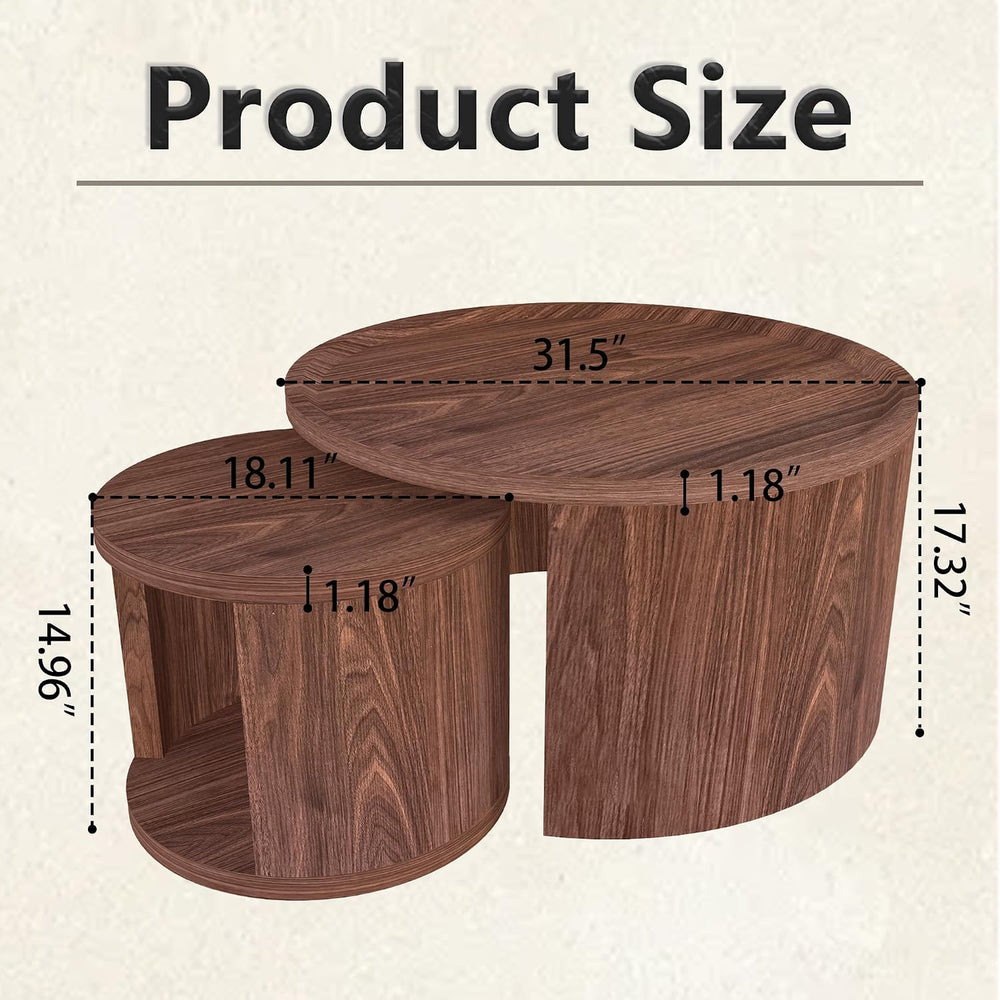 Round Nesting Coffee Table Set 2 with Storage for Small Space, Walnut | Wood ...