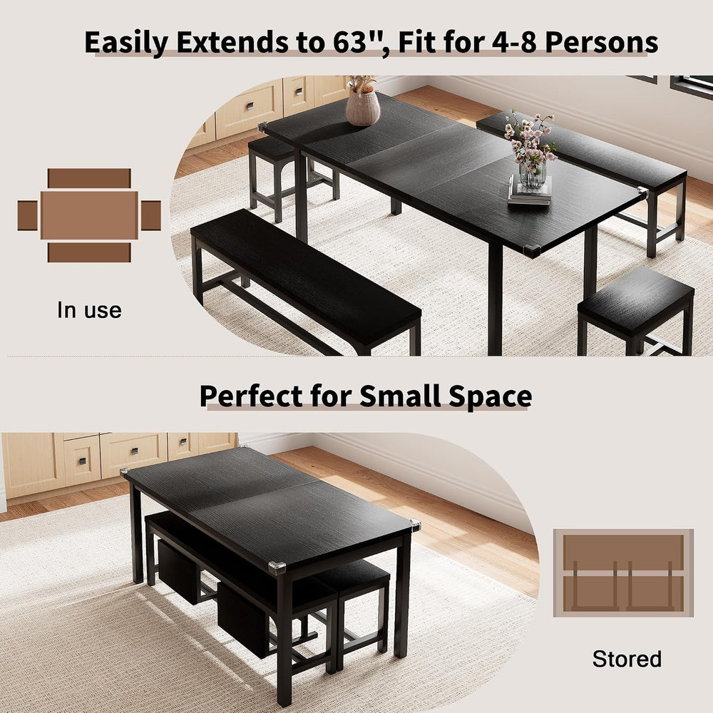 Einhomn 5-Piece Dining Table Set for 4-6, 63" Extendable Kitchen Table w...