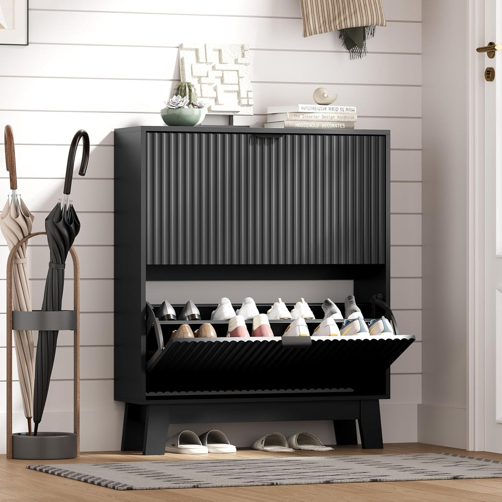 HUANLEGO Shoe Cabinet Storage for Entryway with 2 Flip Drawers, Fluted Narrow...