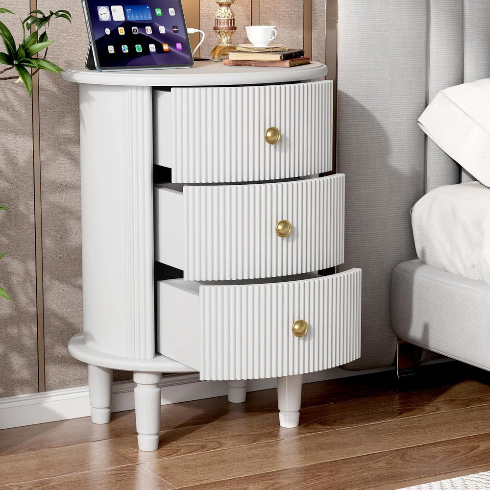 Round End Table with Charging Station, Wood Side Table with Storage for Small...