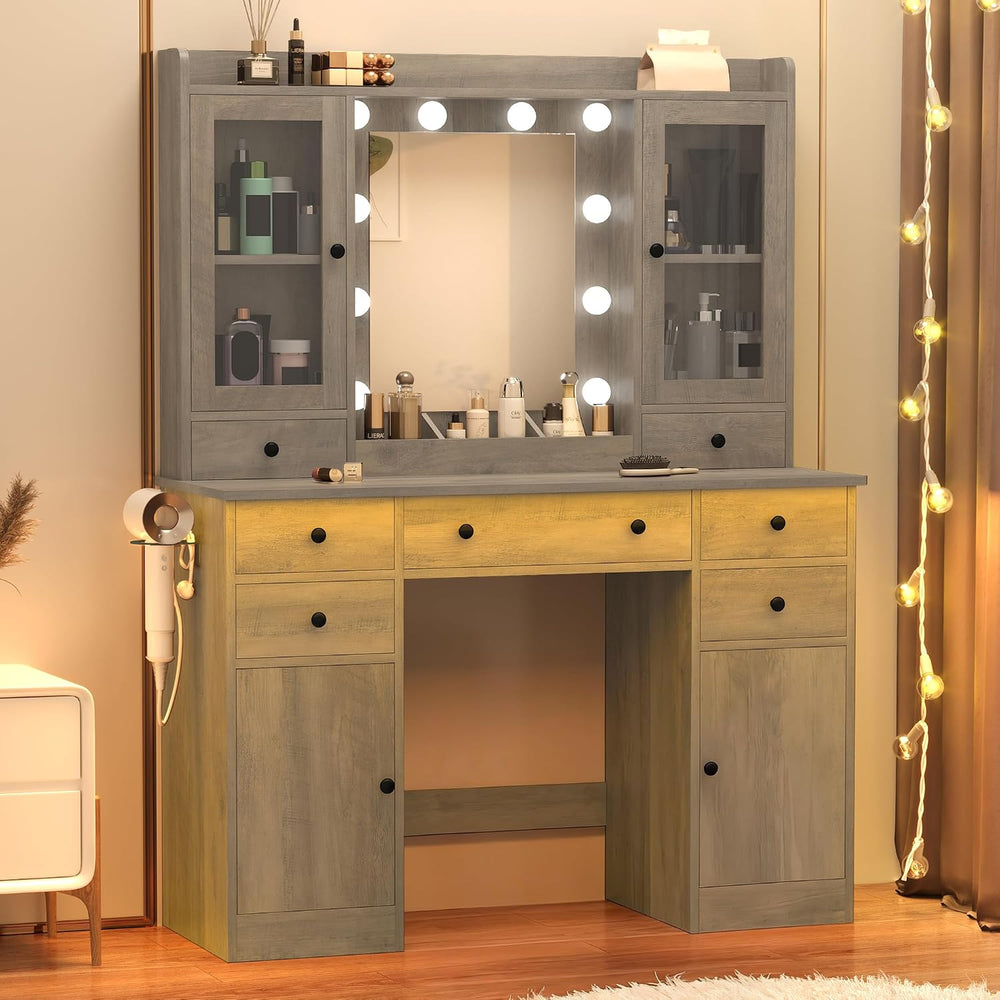 Wodeer Vanity Desk with Mirror and Lights, 43" Grey Makeup Vanity Set wi...