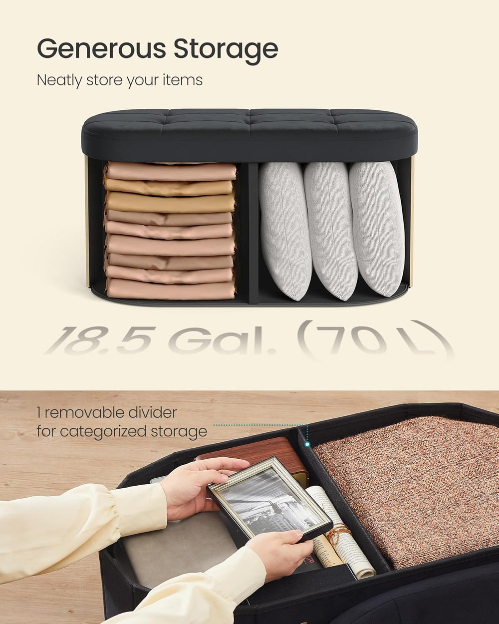 SONGMICS Mazie Collection - Folding Ottoman with Storage, Oval Storage Ottoma...