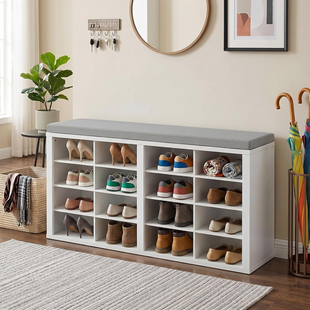Shoe Rack Bench, Shoe Storage Bench with Cushion, Shoe Organizer 16 Cubbies f...