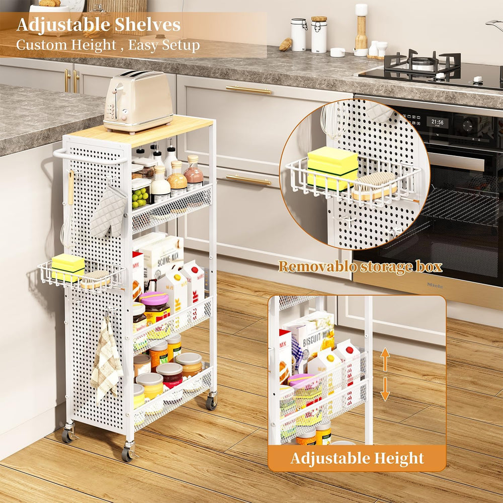 Slim Storage Rolling Cart: 4-Tier Narrow Metal & Wood Utility Cart with W...