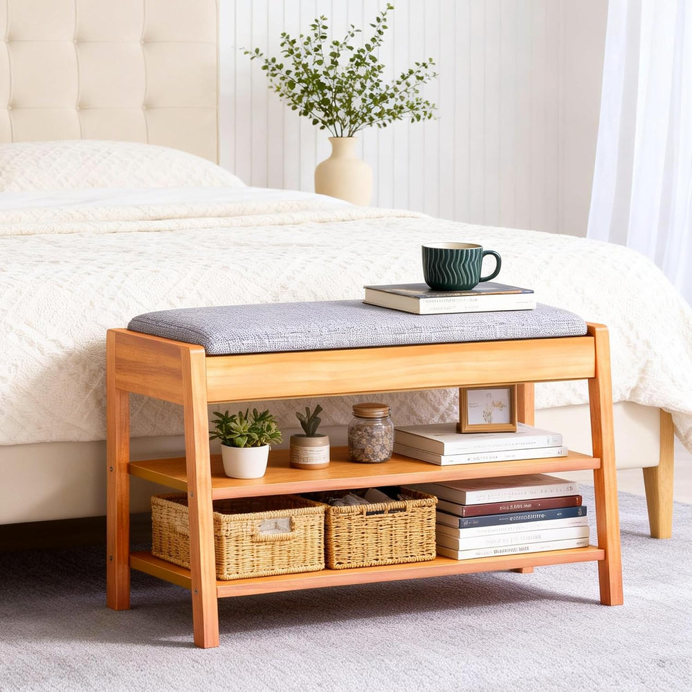 Shoe Rack Bench with Storage, 2-Tier Entryway Bench with Cotton-Linen Cushion...