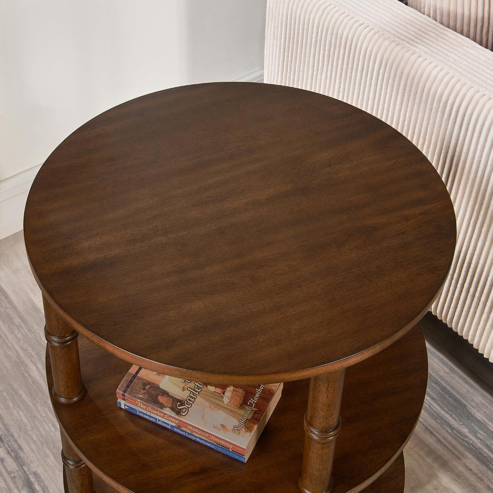 Round End Table with Storage Shelf, 19.7" High Sofa Side Table- with Bam...