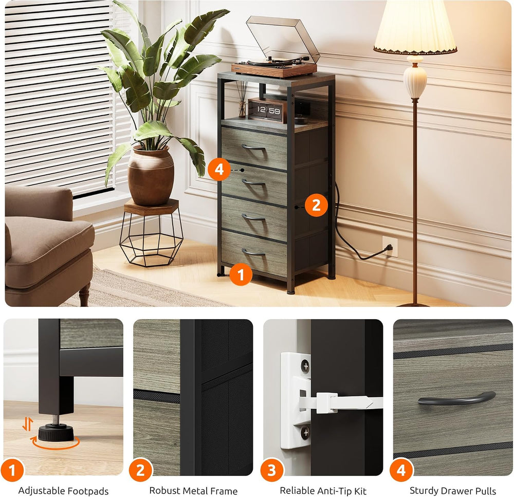 Lazzanto Night Stand with Charger Station, 4 Fabric Drawers, Grey | Nightstan...