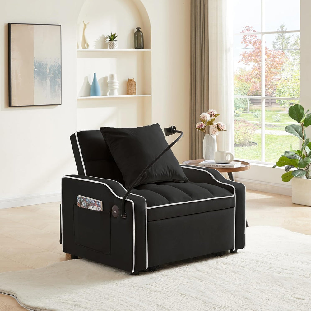 Single Sleeper Chair with USB Port, 3 In1 Pull Out Sofa Bed, Black