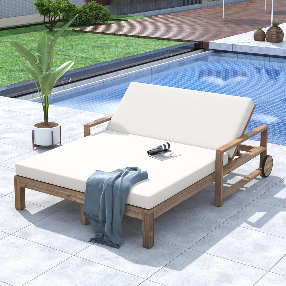 Merax Acacia Wood Outdoor Daybed Sofa, Farmhouse Patio Sun Lounger with Adjus...