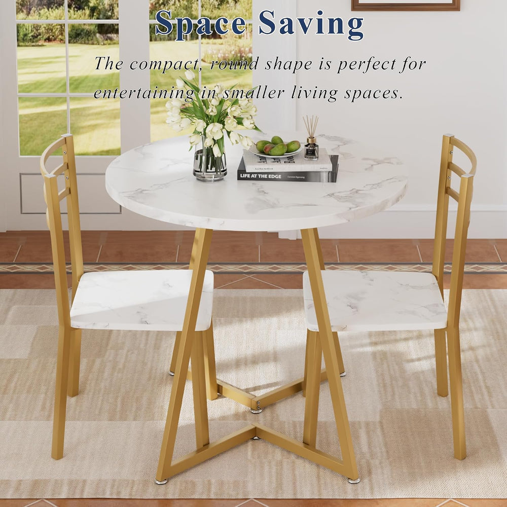 VECELO Small Round Dining Table Set for 2, Wood Tabletop with Strong Metal Fr...