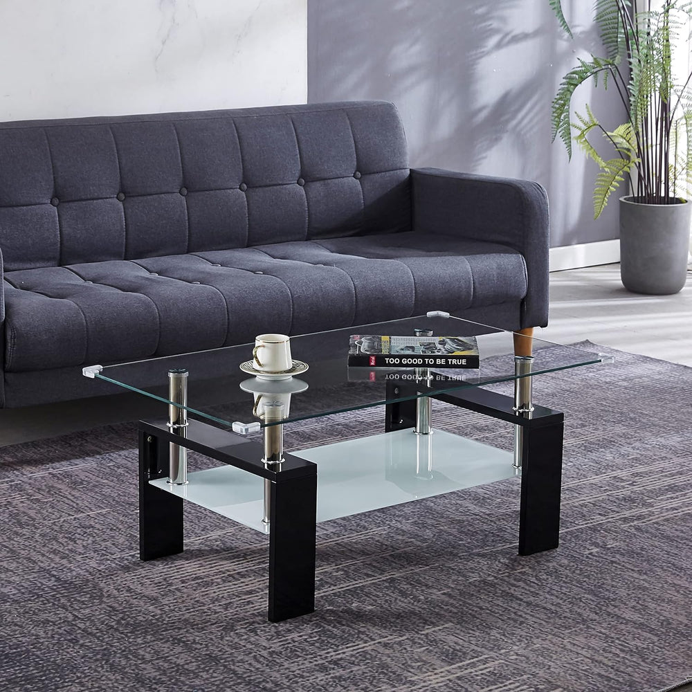4 Piece Black Living Room Table Set, Rectangular Modern Glass Coffee Table, C...
