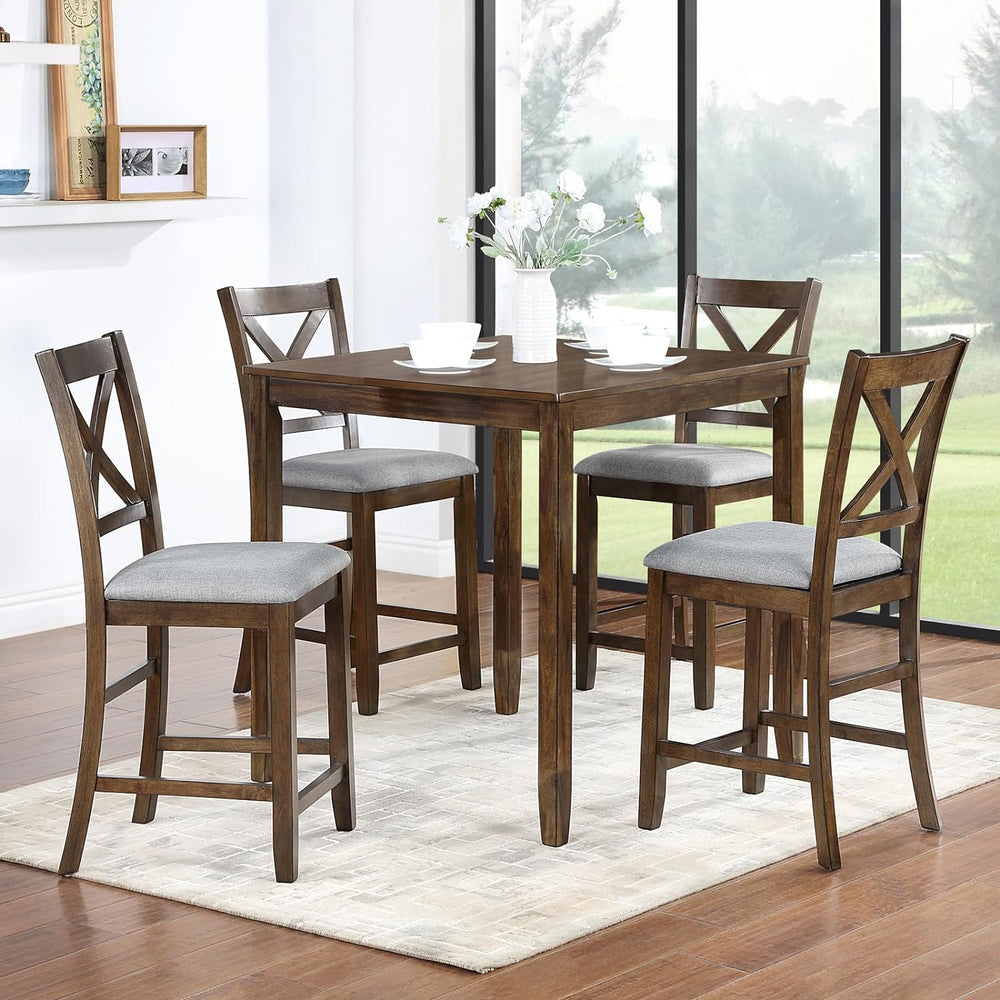 5 Piece Dining Table Set for 4, Solid Wood Square Dining Table Set, Counter H...