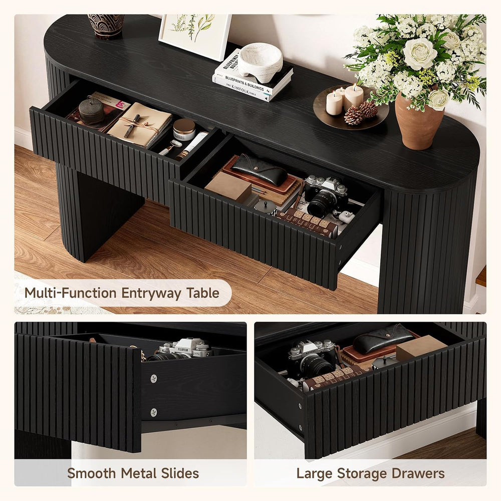 Console Table with Storage Drawers, 55 Inch Fluted Entryway Tables, Mid-Centu...
