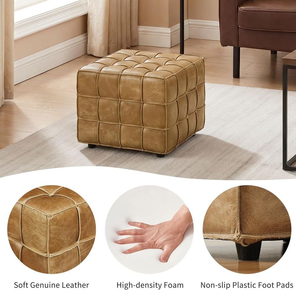 Art Leon Tufted Square Ottoman Leather Footstool Foot Rest Light Brown | Bisc...