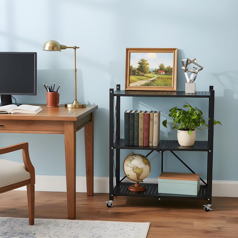 COKIHOM 3-Tier Folding Shelf, No Assembly Metal Shelving Unit with Wheels, He...