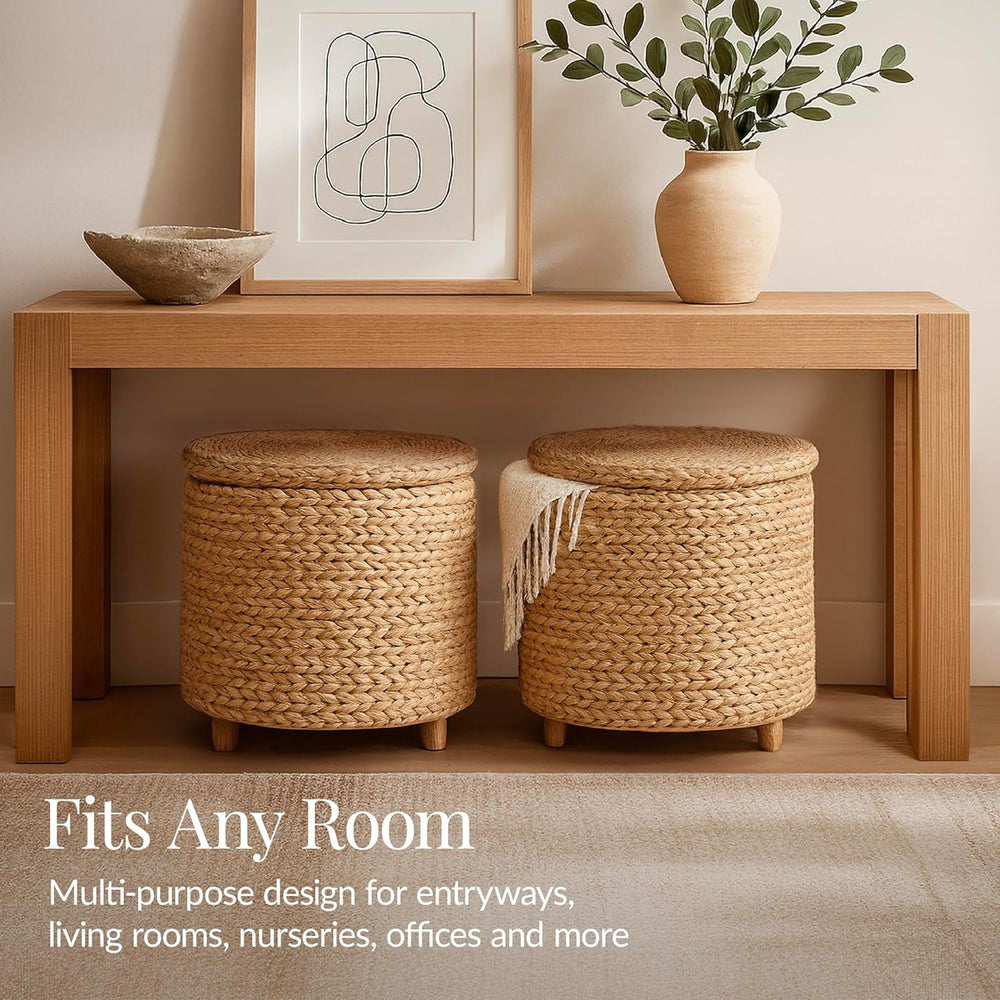 Best Choice Products 17" Round Storage Ottoman W/Lid, Handwoven Water Hy...