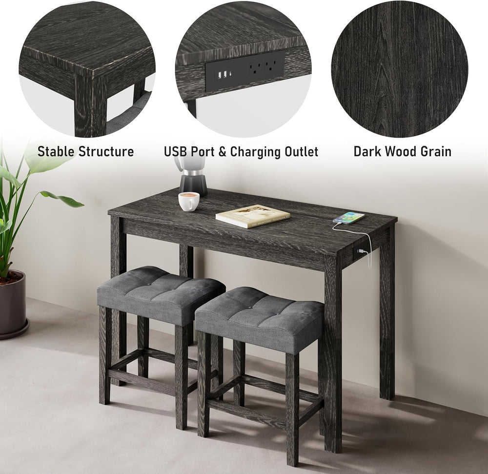 allamazing 3-Piece Counter Height Bar Table Set with Socket and 2 Fabric Padd...