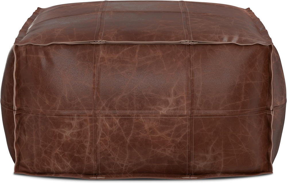SIMPLIHOME Brody 26" Wide Genuine Leather Square Pouf in Distressed Brow...