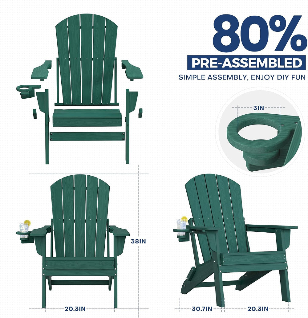 Adirondack Chair Set of 2 with Cup Holders&Table, Green