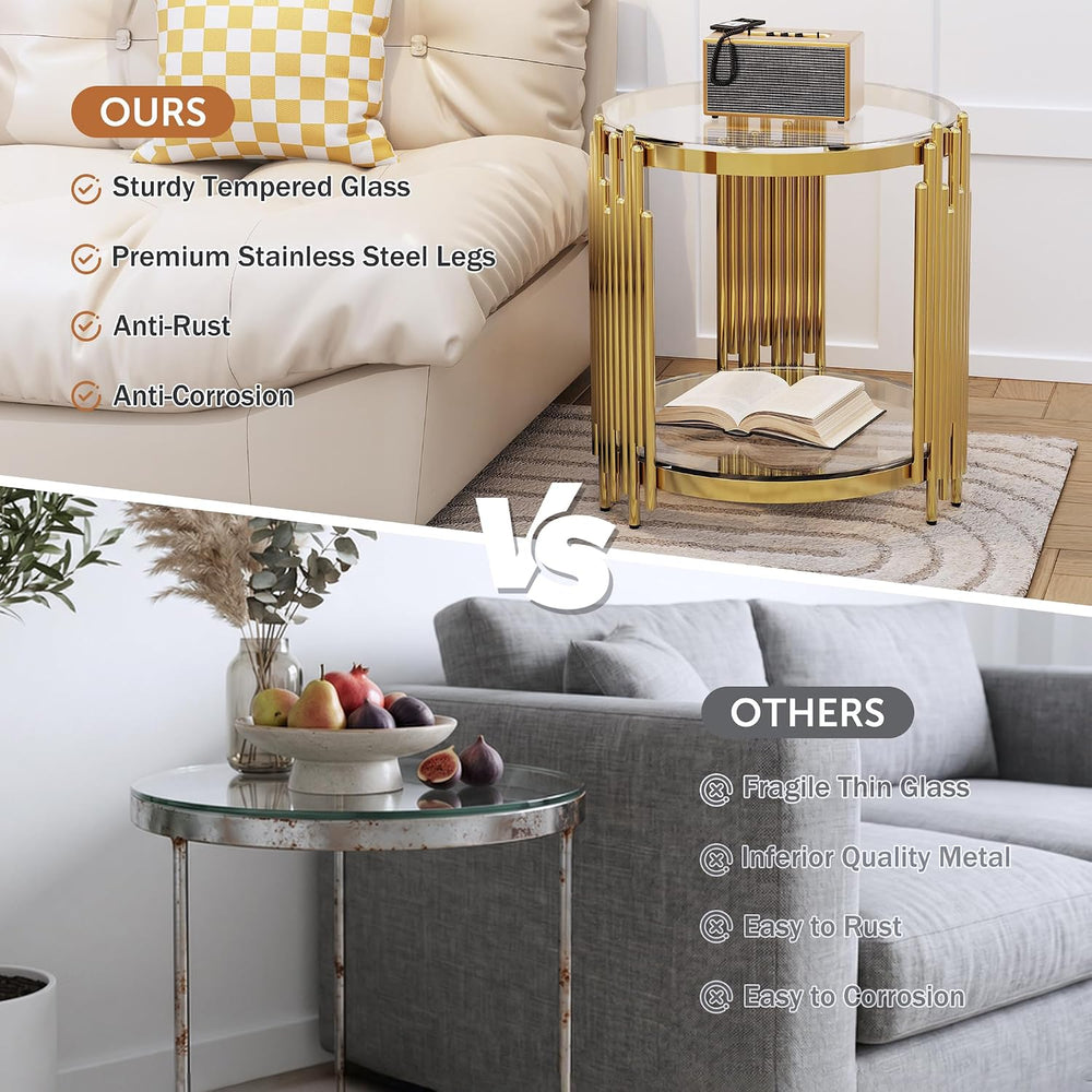 Luxury Gold Round Glass End Table Set of 2, 19.7" Modern Side Table with...