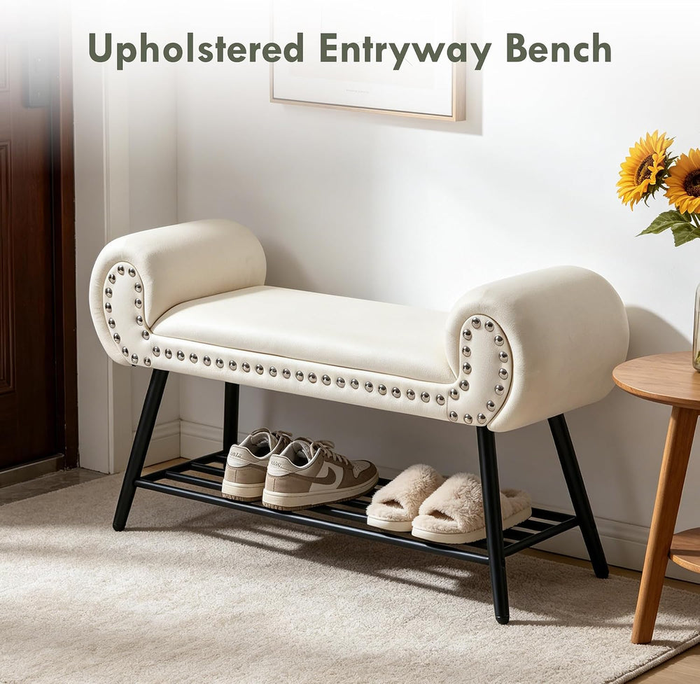 45" Entryway Bench with Shoe Storage,Modern Bedroom Velvet Fabric Uphols...
