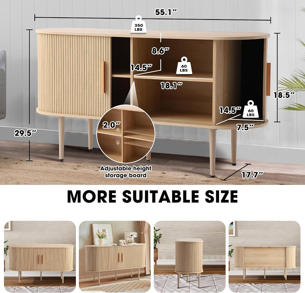 Grepatio 55" Sideboard Buffet Cabinet with Fluted Slide Doors, Tambour S...