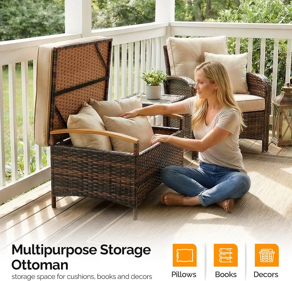 VINGLI 2 Pieces Rattan Ottoman with Storage, Wicker Patio Furniture w/Removab...