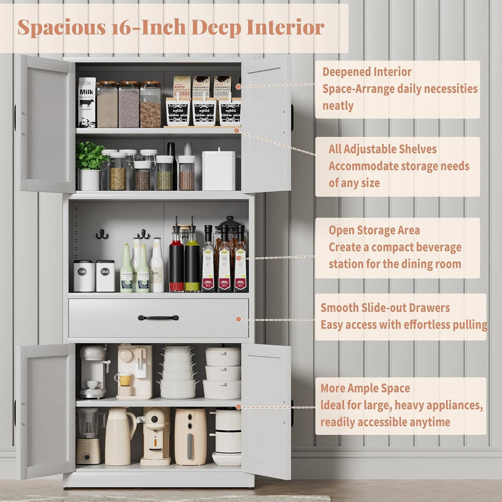 72" H White Steel Kitchen Pantry Storage Cabinet with Countertop | Metal...
