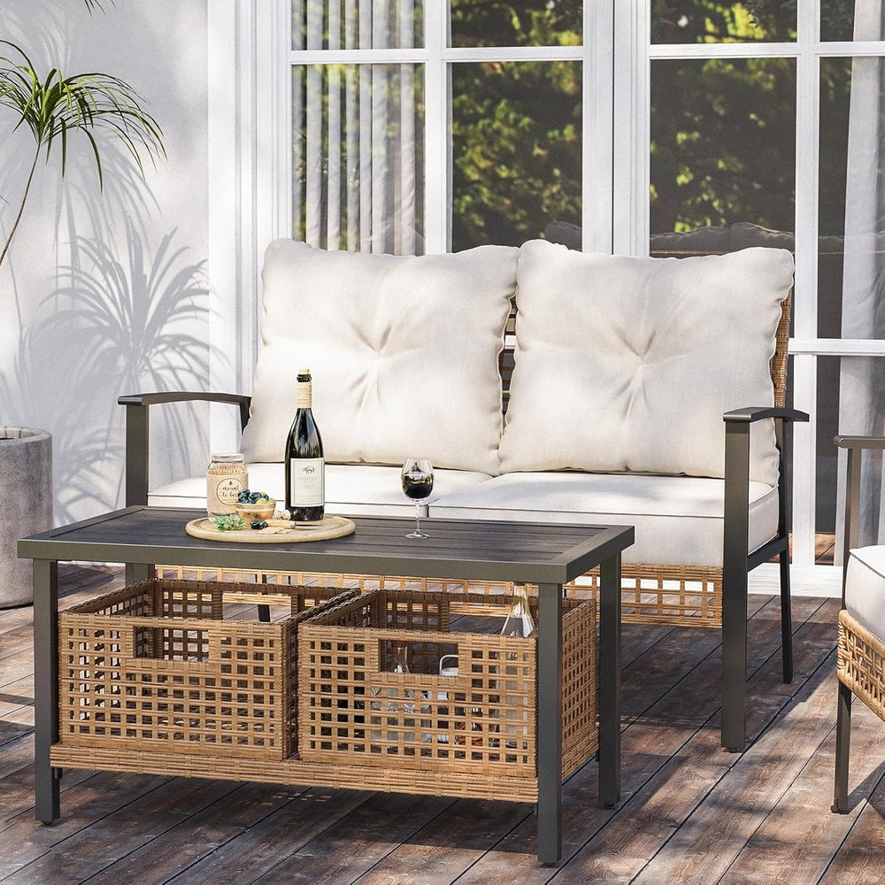 Outdoor Patio Loveseat with Coffee Table Set of 2, 2 Pieces Comfortable Overs...