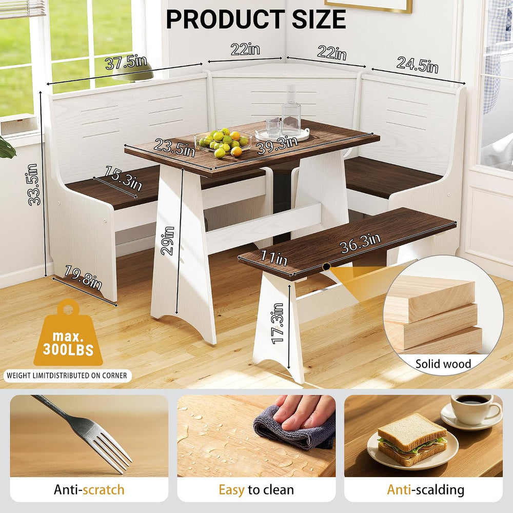 Breakfast Nook Set 3-4 Seat L-Shaped with Hidden Storage - Space Saving Corne...