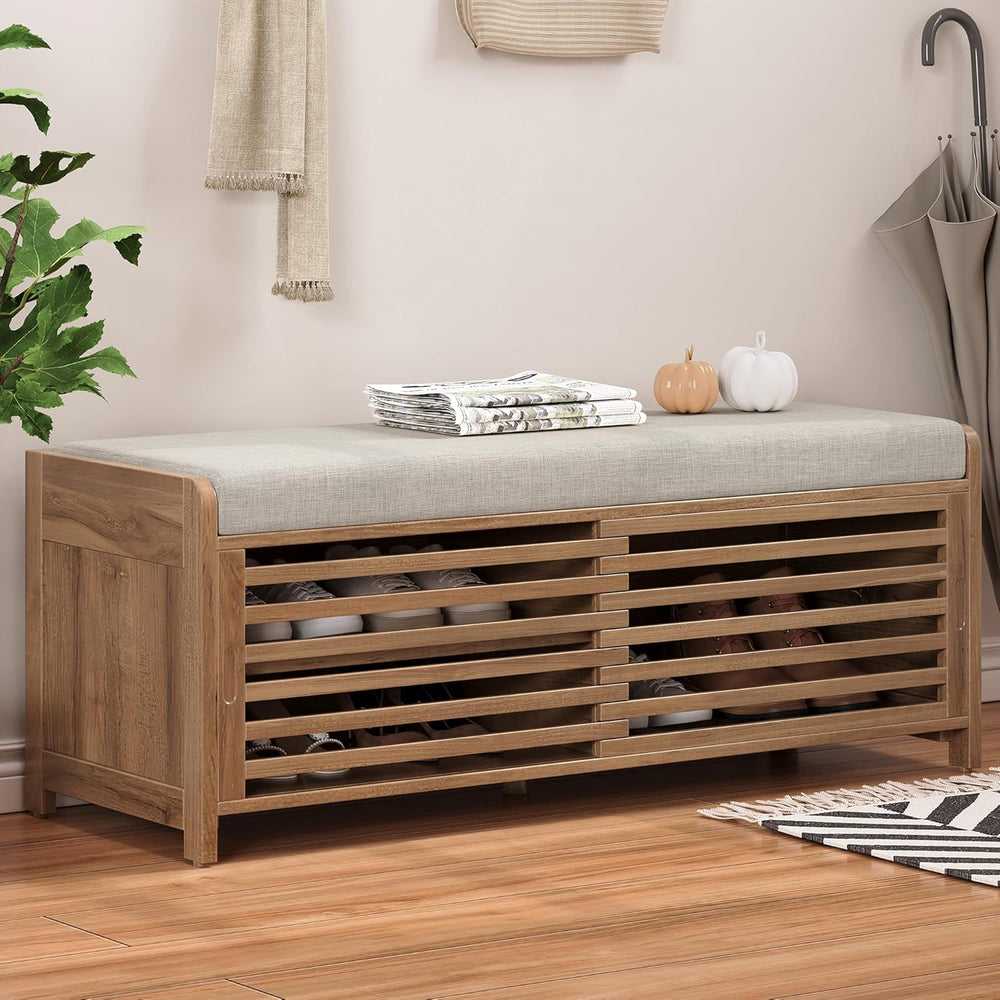 LUMISOL Shoe Bench with Storage and Cushion, Farmhouse Distressed Shutter Sto...