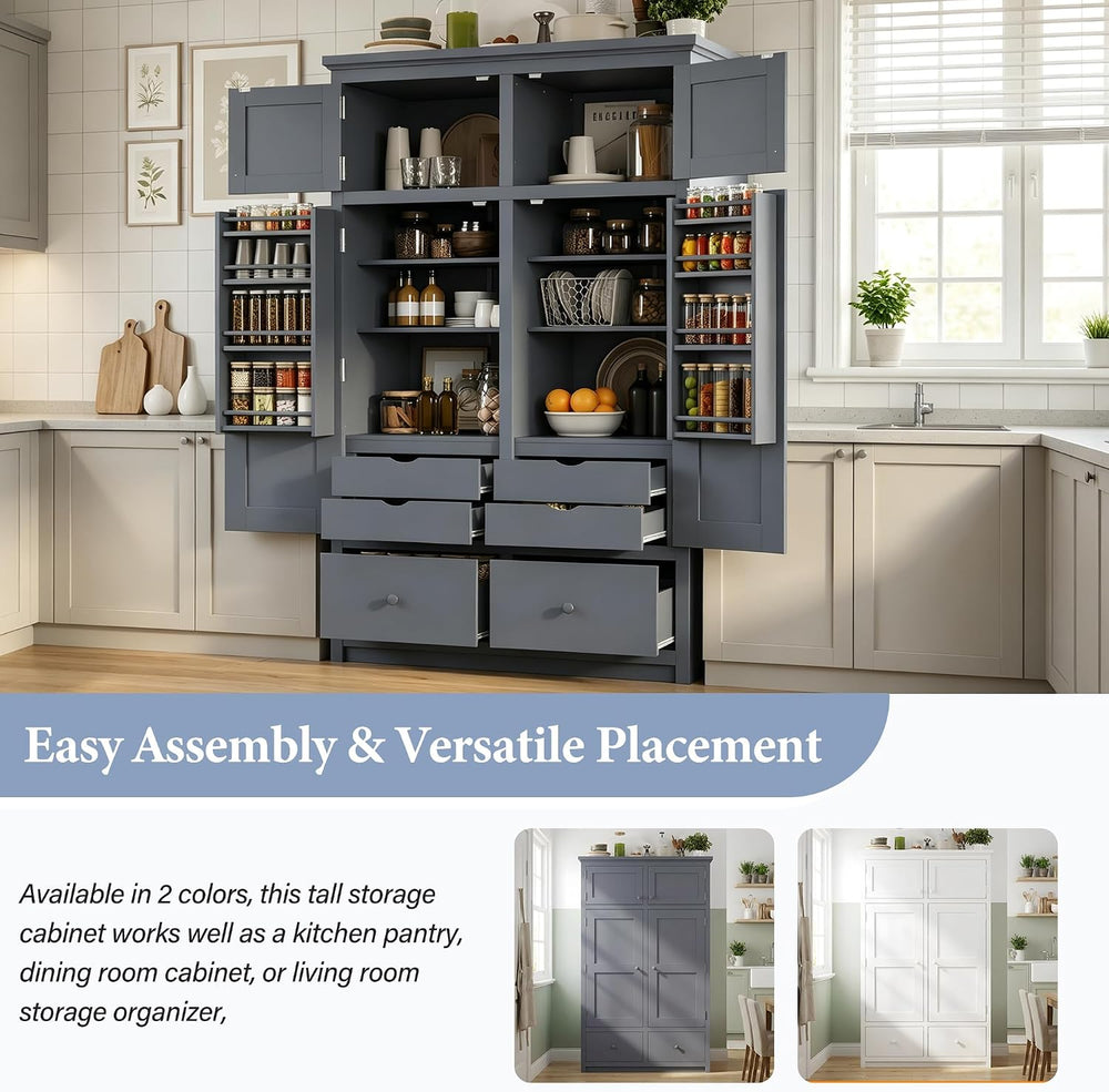Freestanding Kitchen Pantry with Drawers, Shelves & Pull-out Trays,Gray |...