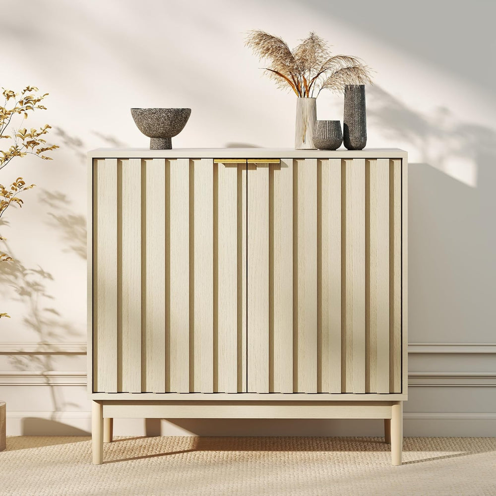 Fluted Cabinet with Storage, Buffet Cabinet Sideboard with 2 Doors, Beige Buf...