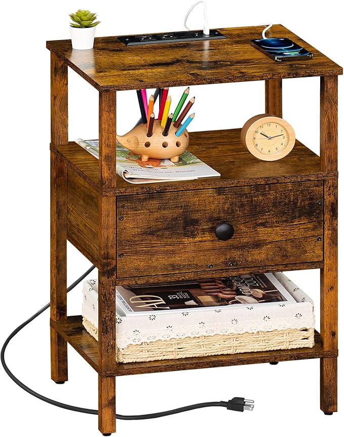 Lerliuo Nightstand with Charging Station and USB Ports, 3-Tier Storage End Ta...