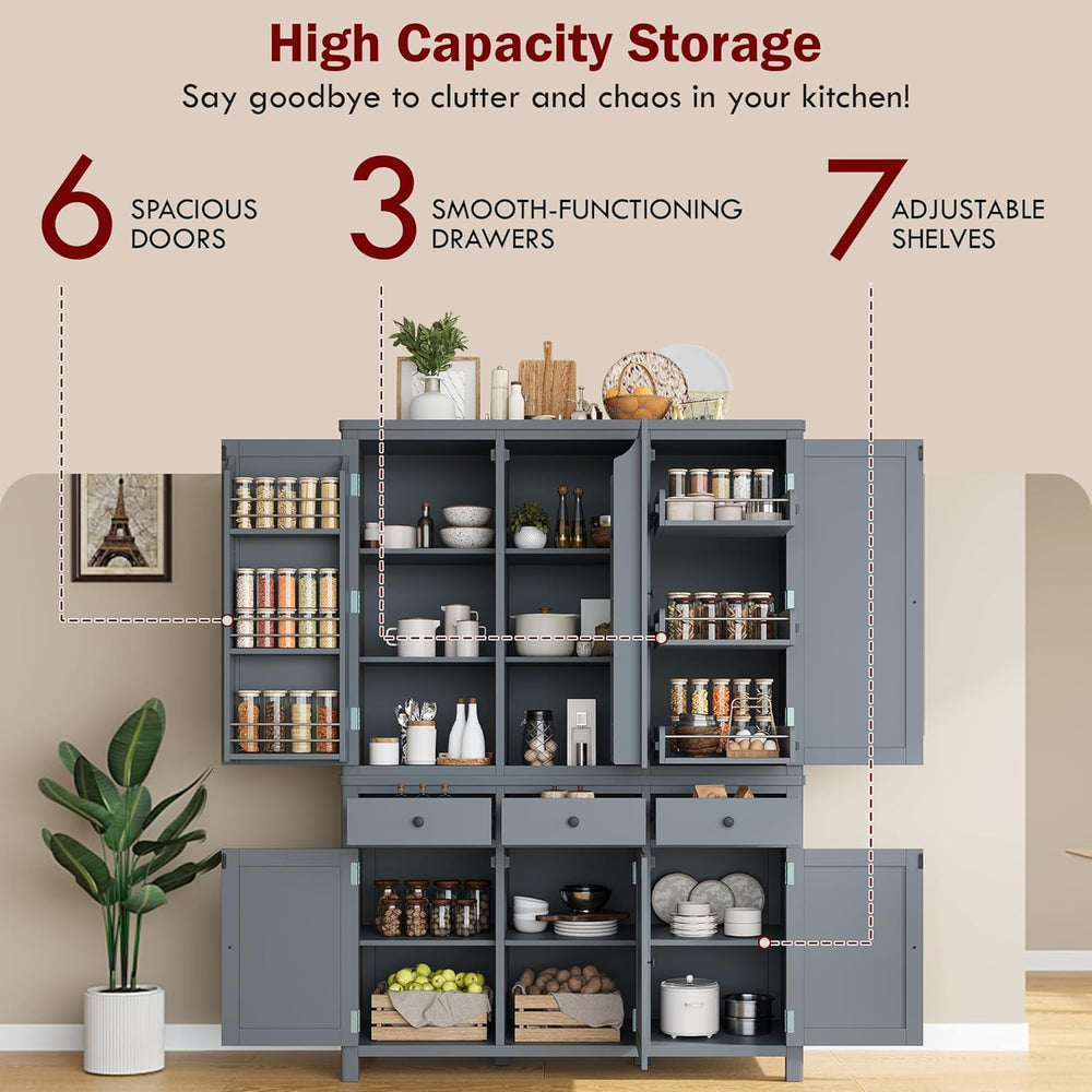 Merax 74.8'' Tall Kitchen Pantry Storage Cabinet with 6 Doors, 3 Draw...