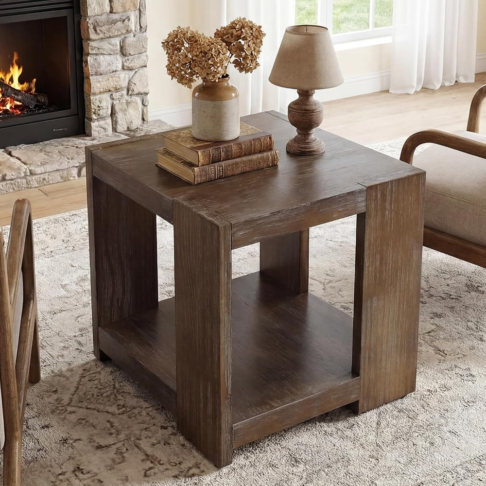 2-Tier Side Table for Living Room Set of 2, Rectangular End Table with Open S...
