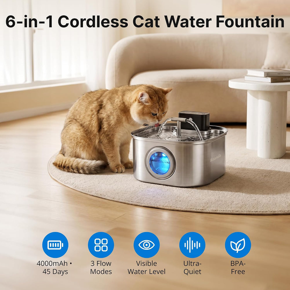 Wireless Cat Water Fountain Stainless Steel 3.2L, Battery Operated Pet Water ...