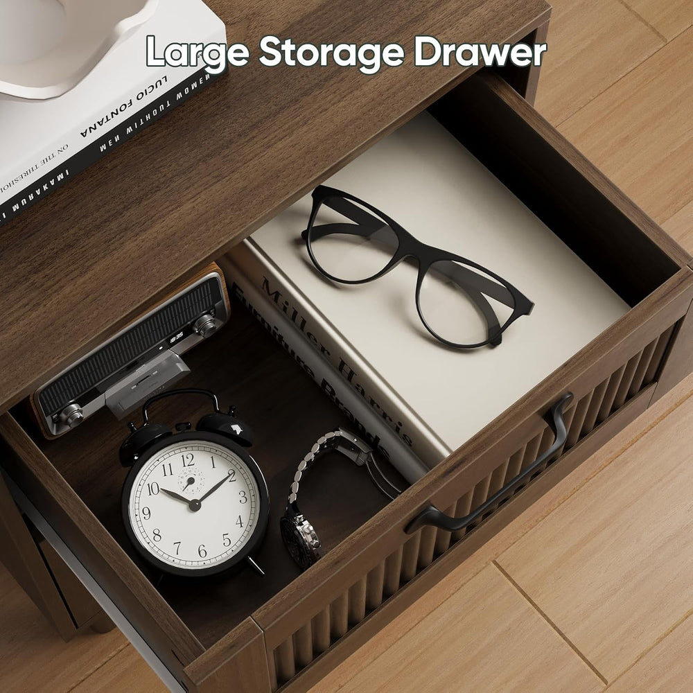 Smart FENDEE Fluted Nightstand with 2 Drawers, Bedside Table with Solid Wood ...