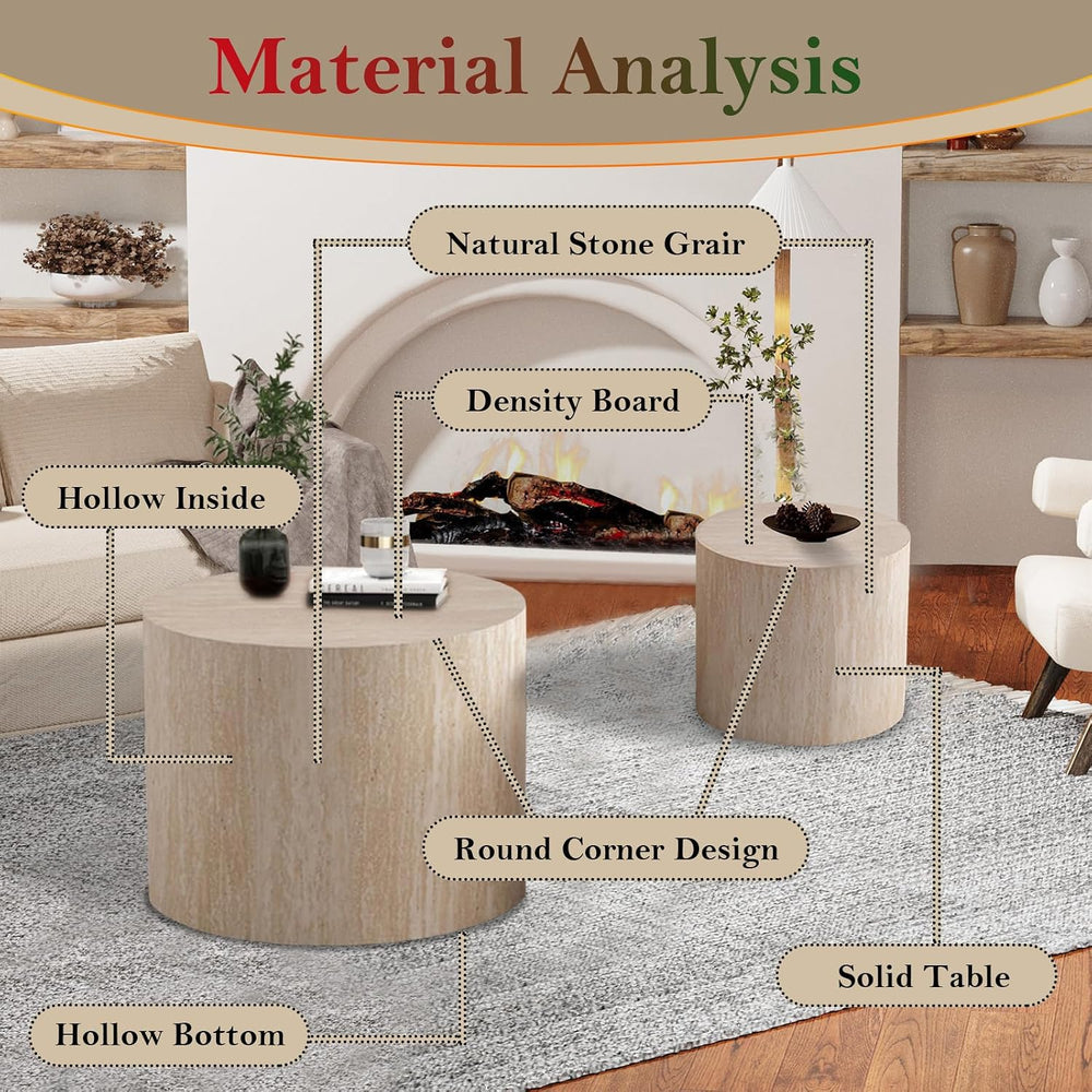 Travertine Nesting Tables - Natural Stone Grain Texture (B 18.1+14.6in) | Cir...