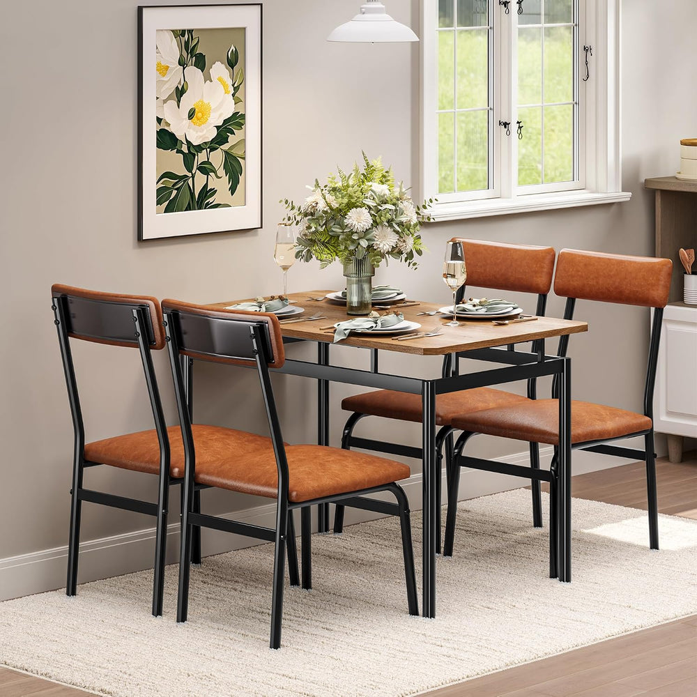 Garvee Dining Table Set for 4, 5 Piece Wooden Dining Table and Chairs, 4 PU U...